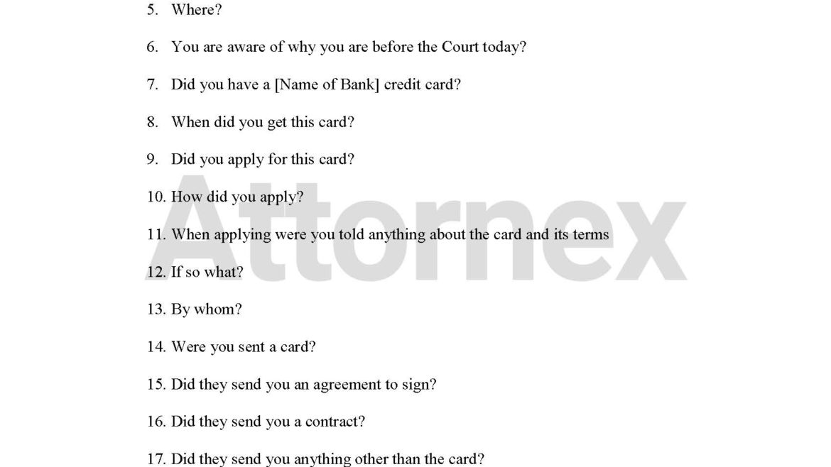 Chief Examination Questions for Defendant Regarding Credit Card Debt – Bank – Collection Agency