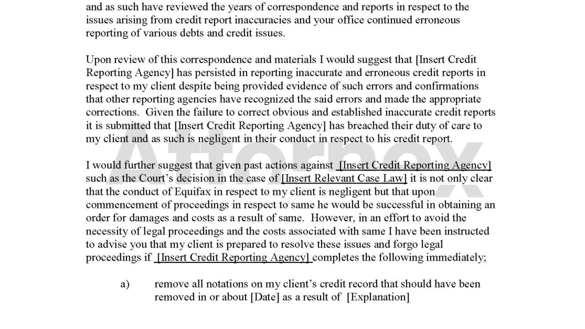 Pre-Litigation Letter to Credit Reporting Agency Regarding Inaccuracies