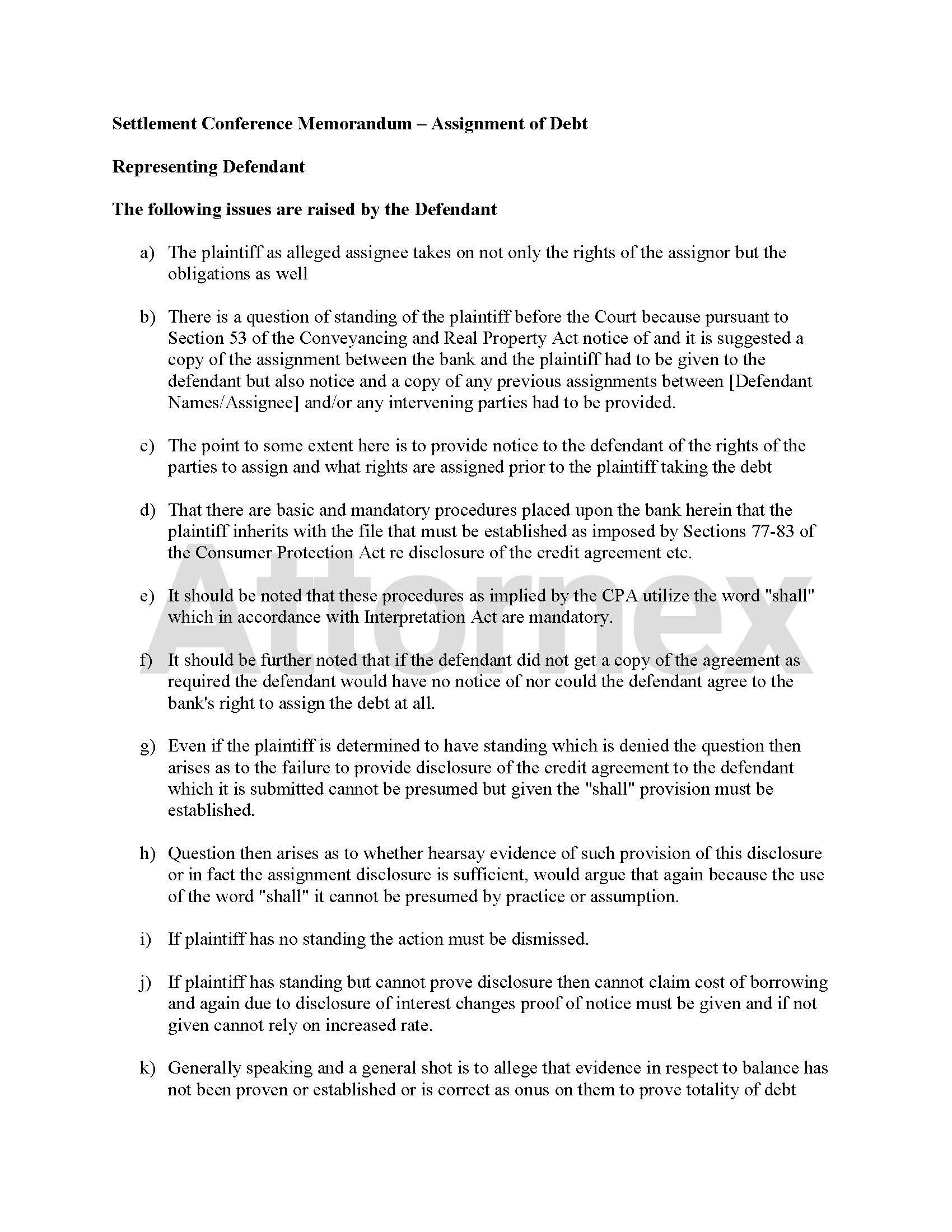 Statement of Defence for Assignment of Debt - Template
