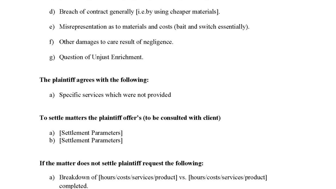 Settlement Conference Memorandum for Breach of Contract